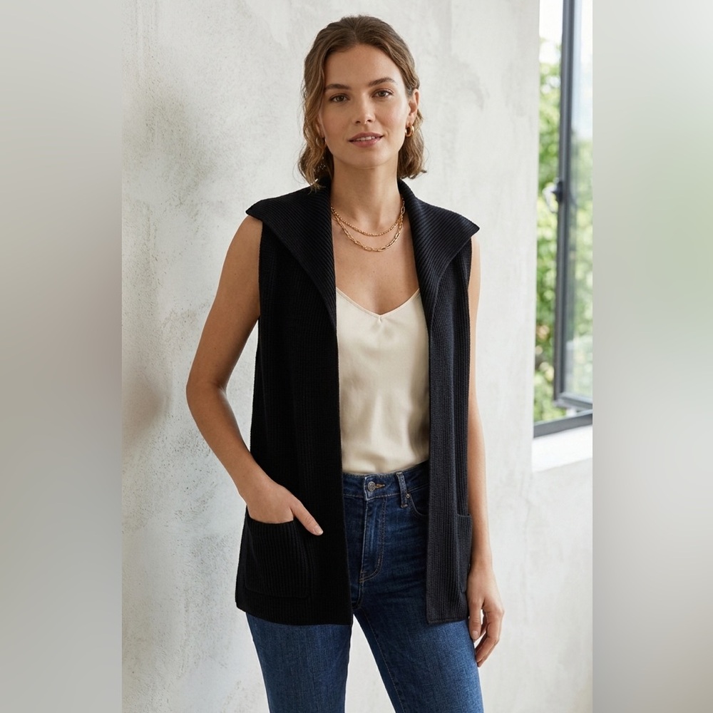 Wilfred Aritzia Olivie Black Ribbed Knit Open-Front Cardigan Vest Women’s XS